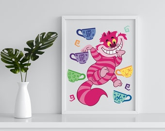 Cheshire Cat art print / Alice in Wonderland theme  / Mad Tea cups / home decor