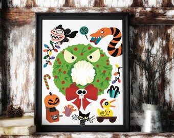 Nightmare Before Christmas art print / man eating wreath / duck / vampire teddy / home decor / Christmas home decor
