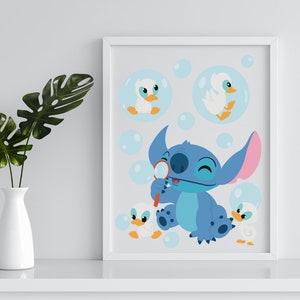 Stitch and Ducklings art print / Stitch blowing bubbles / home decor