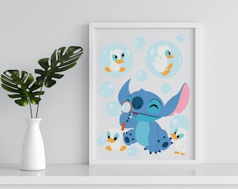 Stitch and Ducklings art print / Stitch blowing bubbles / home decor