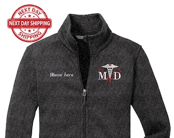 Custom Female MD Fleece Jacket - Personalized Embroidered Medical Doctor Gift, Full Zip Apparel, family medicine jacket Gift for christmas