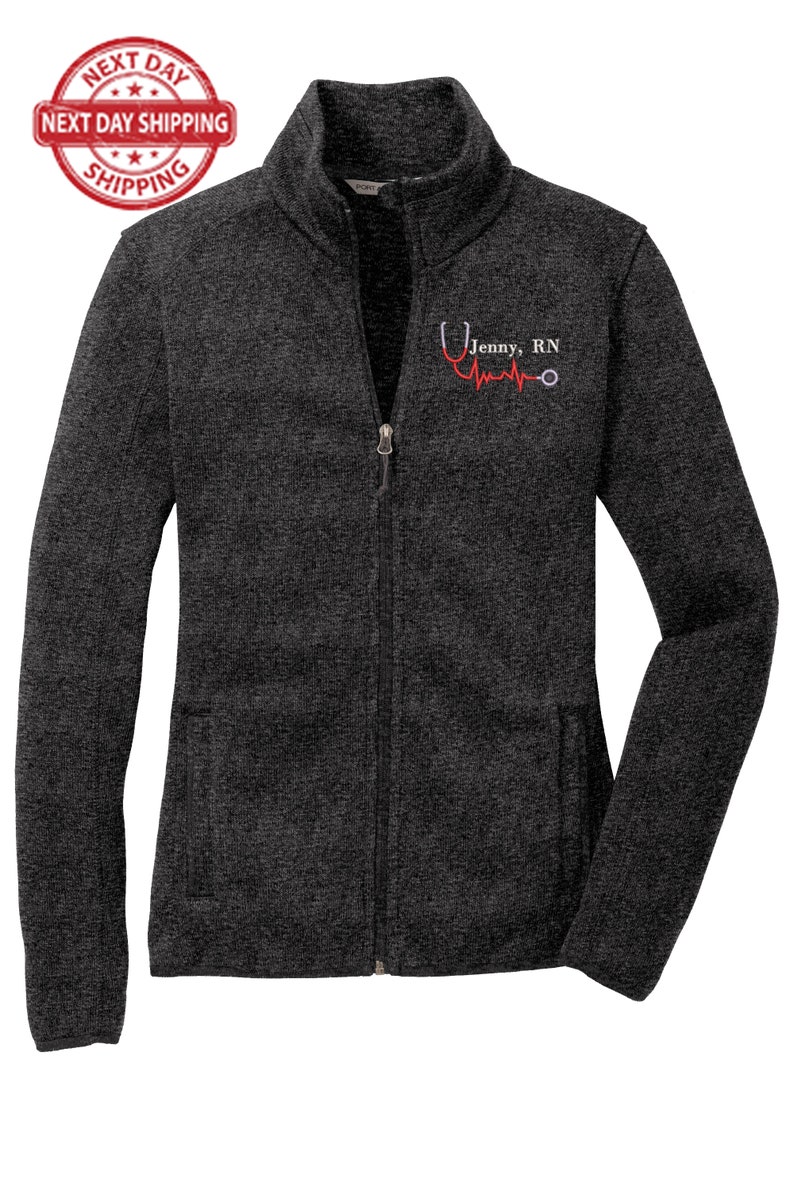 Personalized RN Fleece Jacket Custom Embroidered Nurse Gift, Female RN Full Zip Fleece, Nursing Appreciation, Healthcare Worker Gift Black