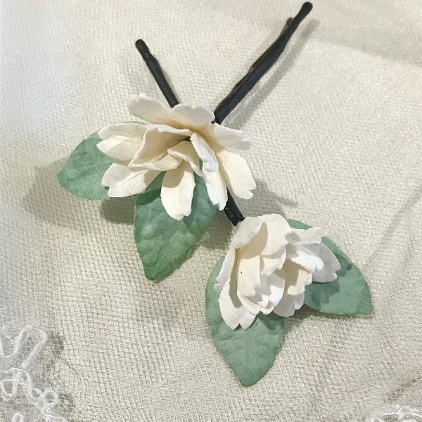 White Flower Green Leaves Hair Accessories Handmade Bridal Wedding Occasion Dainty Pretty Cottagecore Shabbychic