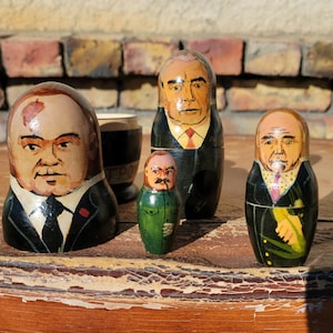 Authentic Vintage Russian Wooden handpainted Nesting Dolls political figures Gorbachev