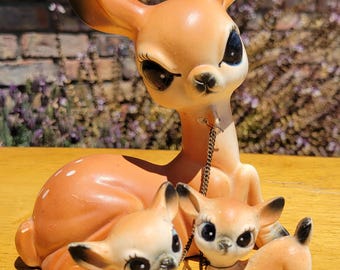 Vintage 50's Hand painted ceramic Anthropomorphic Deer Figurines Doe with Two Fawn JAPAN