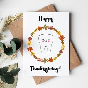 Cartão dental de ação de graças, cartão imprimível para dentista, decoração de escritório odontológico com tema de outono.