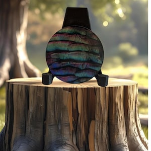 May include: A circular decorative tile featuring a layered, iridescent pattern of overlapping scales in shades of deep blue, purple, and green. The tile is held upright by a black, three-pronged display stand, showcasing a vibrant, multi-colored texture.