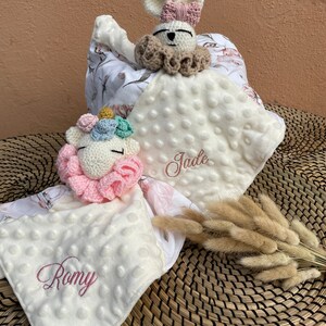 Doudous Crochet et tissu 4 modèles au choix Licorne, Lapin, Lion, Éléphant Personnalisables image 2