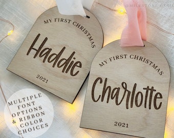Personalized Baby’s First Christmas Ornament, Arched Wood Ornament with Chiffon Ribbon, Wood Name Tag