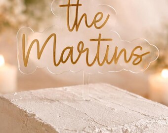 Acrylic Wedding Cake Topper with Name - Modern Gold Wedding Decor - Custom Last Name Bride Groom Topper