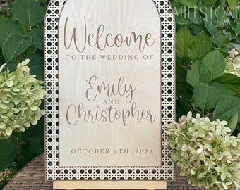 Rattan Wedding Welcome Sign Arched Wood Boho Wedding Sign Rattan Cane Wedding Sign Rattan Bridal Shower Sign, Rattan Baby Shower Welome Sign