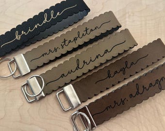Personalized Faux Leather Wristlet Key Ring Holder Scalloped Key Loop Wristlet with Name and Preppy Edge Wristlet, 16th Birthday Gift