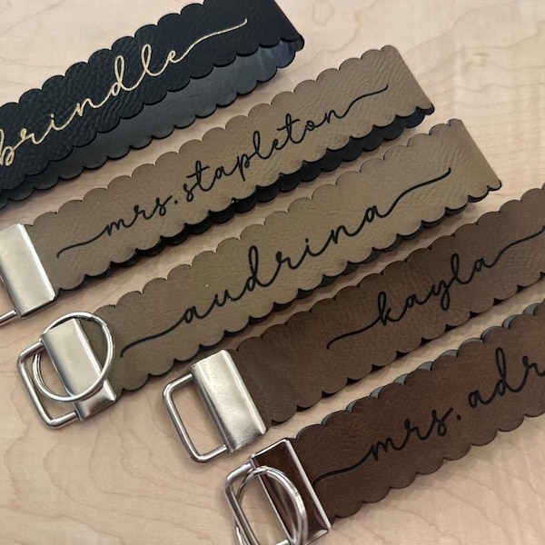 Personalized Faux Leather Wristlet Key Ring Holder Scalloped Key Loop Wristlet with Name and Preppy Edge Wristlet, 16th Birthday Gift