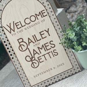 Rattan Wedding Welcome Sign Arched Wood Boho Wedding Sign Rattan Cane Wedding Sign Rattan Bridal Shower Sign, Rattan Baby Shower Welome Sign