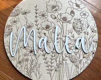 Wildflower Nursery Name Sign Round Wood Wildflower Baby Name Sign Floral Engraved Nursery Name Sign with 3D Name