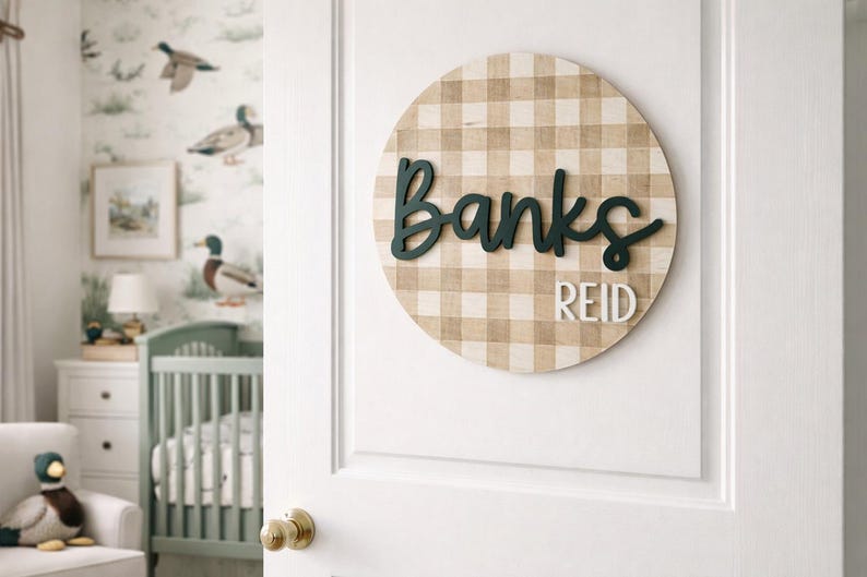 Reid Lettering Checkered Wood Nursery Name Sign- Gingham Round Nursery Name Sign for ...