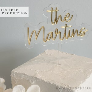 Acrylic Wedding Cake Topper with Name - Modern Gold Wedding Decor - Custom Last Name Bride Groom Topper