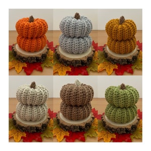 May include: Six crocheted pumpkins in various colours, including orange, grey, brown, and green, are displayed on wooden slices. Each pumpkin is stacked on top of another, creating a layered effect. The pumpkins are surrounded by autumn leaves.