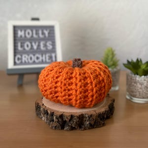 May include: A handmade orange crocheted pumpkin with a brown stem, displayed on a wooden slice. The pumpkin is the main focus, with visible stitch detail. A sign in the background reads "MOLLY LOVES CROCHET."