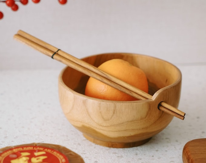 Wooden Bowls, Wooden Noodle Bowl - Minimalist Handmade Wood Bowl - Ramen Bowl With Chopstick - Teak Wooden Bowl