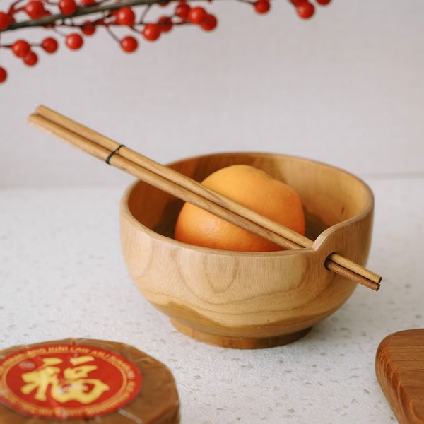 Wooden Bowls, Wooden Noodle Bowl - Minimalist Handmade Wood Bowl - Ramen Bowl With Chopstick - Teak Wooden Bowl