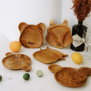 Handmade Teak Animal Plate: Toddler Snack Tray, 1st Birthday Gift
