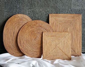 Handmade Rattan Placemats, Handwoven Table Placemat, Round Oval Square Shape, Ata Grass Placemat From Bali