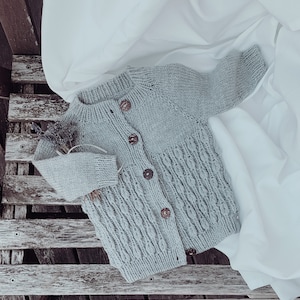 May include: A light blue knitted cardigan with wooden buttons. The cardigan is laid out on a wooden surface with a white fabric background.