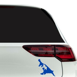 Könnte beinhalten: Ein blauer Vinyl-Aufkleber mit der Umrissform des Bundesstaates Florida befindet sich auf der Rückseite eines weißen Autos.