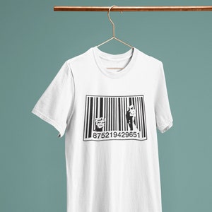 Banksy Behind Bars Graffiti Art Consumerism Barcode / Heavyweight cotton unisex t-shirt with print tee top