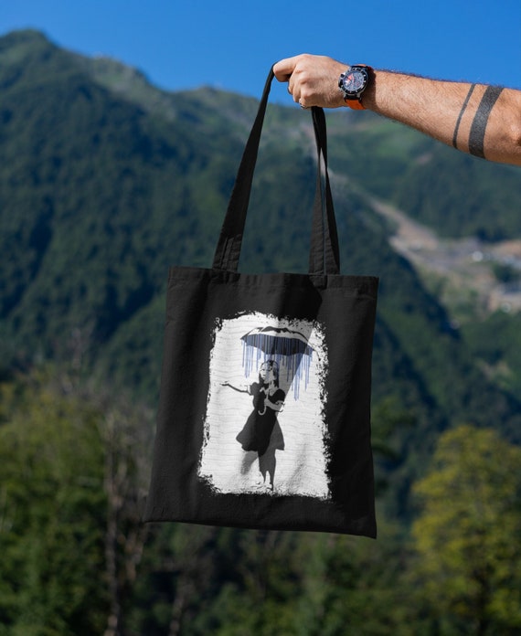 Banksy Girl Umbrella Rain Borsa in cotone biologico, borsa della