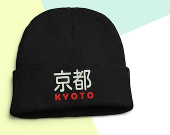 Kyoto Kanji Embroidered Beanie, Japanese City Travel Cap