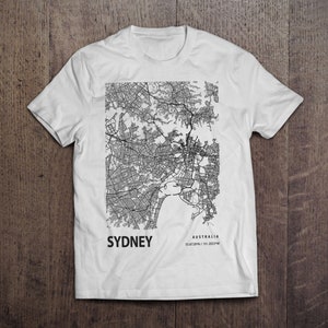 Sydney Australien Blueprint Stadtplan Koordinaten / Schweres Baumwoll Unisex T-Shirt mit bedrucktem T-Shirt