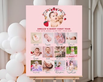 Bordje eerste verjaardag Berry, bord aardbei mijlpaal, bewerkbare canvassjabloon, decor baby 1e jaar feest, aangepaste fotoposter 12 maanden