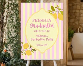 Frisch graduiertes Willkommensschild: Bearbeitbares Willkommensschild für die Abschlussfeier, Zitronen-Abschluss-Dekor, druckbares Grad-Party-Schild (Canva-Vorlage)