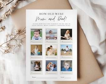 Hoe oud waren pappa en mamma raadspel, bewerkbaar babyshowerfotospel, leuke afdrukbare leeftijdssjabloon, ouders worden feestspel, MANHATTAN