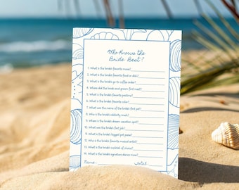 Coastal Bachelorette Trivia Game: Who Knows the Bride Best, Beach Bach Party Activity, Last Splash Game, Seashell Theme (Canva Template)