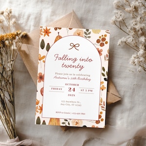 Fall Birthday Invitation Template, Editable Canva Invite with Watercolor Pumpkins and Autumn Leaves, Digital Harvest Birthday Party Invite