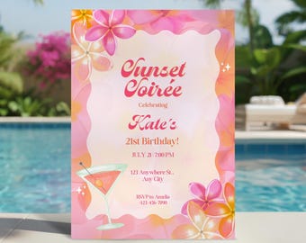 Verjaardagskaart Sunset Soirée: Zomerfeestuitnodiging, uitnodiging voor een tropische cocktailparty, thema met een roze en oranje zonsondergang (bewerkbare Canva-sjabloon)