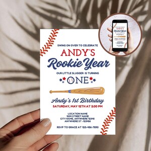 Baseball Rookie Year First Birthday Invitation, Boys 1st Birthday Party Template, Editable One Year Old Invite, Printable and Digital Invite