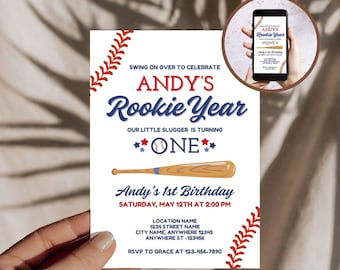 Honkbal Rookie jaar eerste verjaardagsuitnodiging, jongens 1e verjaardagsfeestje sjabloon, bewerkbare eenjarige uitnodiging, afdrukbare en digitale uitnodiging
