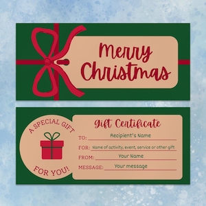 Sjabloon kerstcadeaubon, groene en rode strik vakantiecadeaubon, digitale cadeaubon, bewerkbare cadeaubon, afdrukbaar cadeau-idee