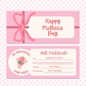 Chèque-cadeau pour la fête des mères, bon modifiable pour la fête des mères, coupon imprimable pour maman, carte-cadeau à faire soi-même, cadeau date pour le déjeuner, téléchargement rose pour la journée du spa