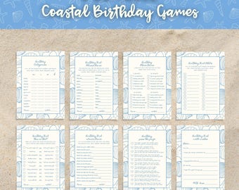 Verjaardagsspellen kust, bewerkbare zeeschelpfeestspelset, afdrukbare zomerverjaardagsactiviteiten, strandthemafeest meisjes (canvasjabloon)