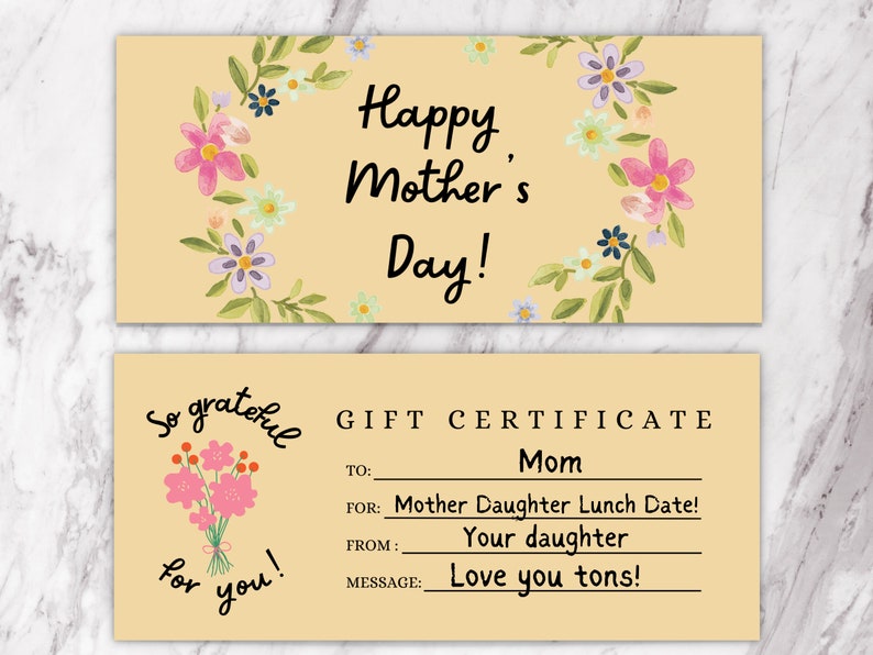 Printable Mothers Day Gift Certificate Template Instant Mother's Day