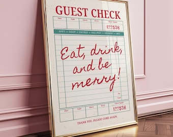 Kerstgastchequeprint: Eat Drink and Be Merry, retro vakantiemuurkunst, afdrukbaar kerstkeukendecor, bewerkbare bonposter