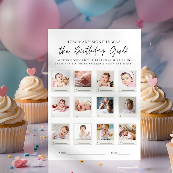 Girls First Birthday Photo Game, 12 Month Age Guessing Game, Printable 1st Birthday Party Activity, First Year Pictures Template, MANHATTAN