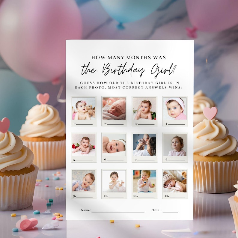 First Birthday Photo Guessing Game template for girls, editable Canva design