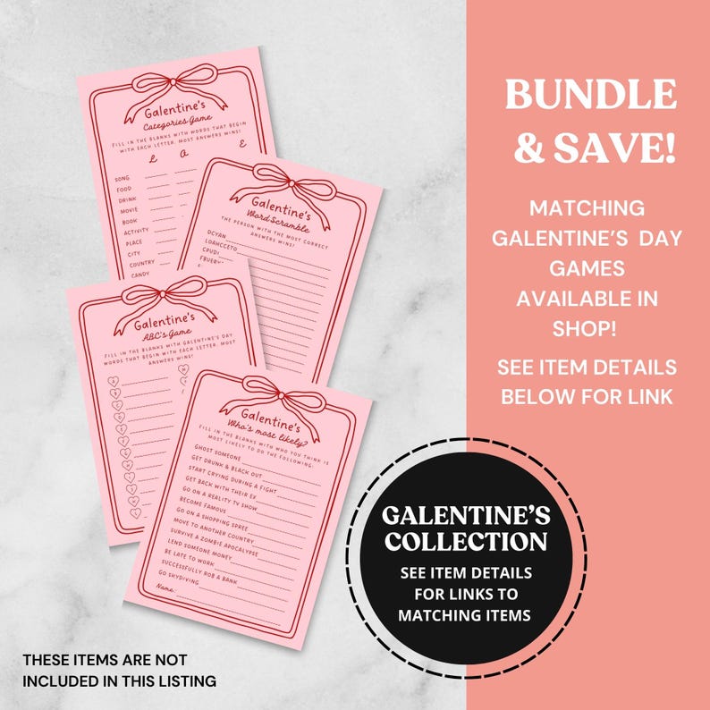 Stylish and trendy pink Galentines party game, digital download bingo set