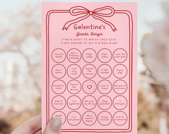 Galentines Bingo Spiel, druckbare Girls Night Party Aktivität, lustiger Gast Eisbrecher, bearbeitbare Kokette Bogen Spielkarte, Valentinstag Download